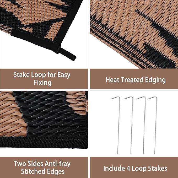 Anidaroel 8x10 Leaf Outdoor Rug for Patios Clearance, Waterproof Camping Rug for Outside RV, Reversible Plastic Straw Outside Area Rugs for Garden, Camper, Picnic, Beach(Black/Brown,8'x10')