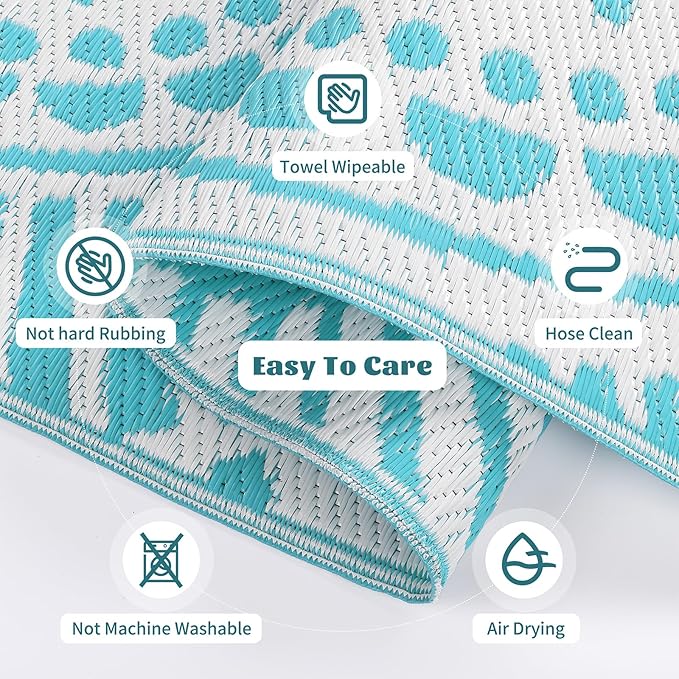 Ileading Large Plastic Outdoor Rug 9x12ft Modern Geometric Style Reversible Patio Area Rugs Waterproof Non Shedding Portable Carpets for Rv Outside Deck Pool Beach Picnic Camping (Teal)