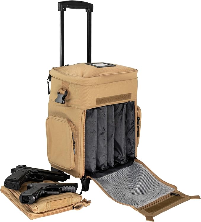 ‘Apollo2’ Tactical Handgun Rolling Range Bag with Wheels Pistol Case Gun Range Backpack Box for Shooting Gear, Ammo, Hunting Supplies, Firearms Storage