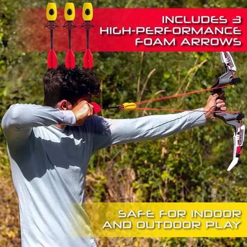 Hog Wild Bow and Arrow Set With 4 Quick Switch Bungees with 2 Power Levels + 3 Foam Arrows - Shoots Arrows Over 250 Feet - Indoor/Outdoor Archery Toy Gift for Kids Age 14+ - Left & Right Hand Friendly