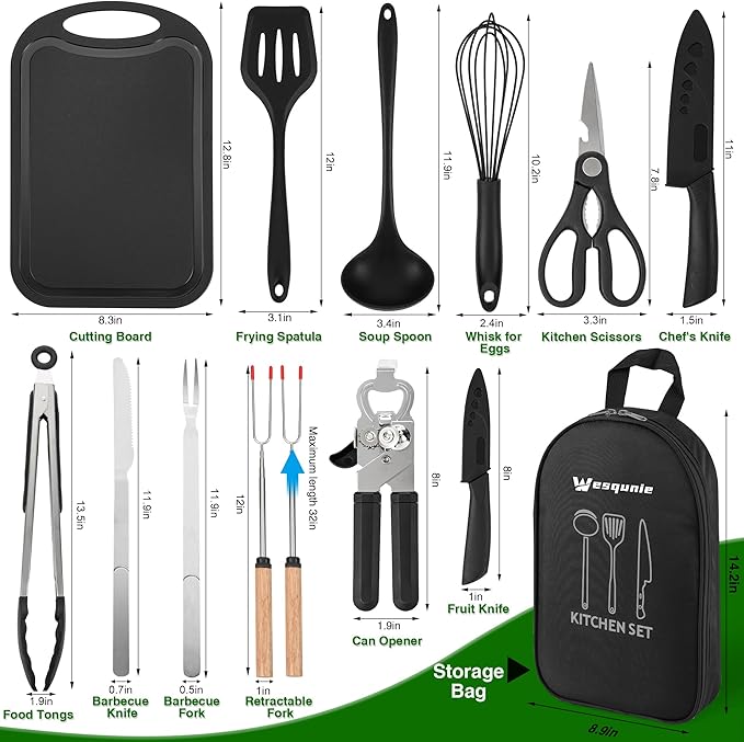 Camping Essentials Cookware Cooking Utensils Set - Portable Camp Kitchen Mess Kit Outdoor Accessories, Stainless Steel & Silicone, Camping Gear Equipment for RV Picnic Grill