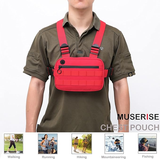 Outdoor Sports Utility Chest Pack，Tactical EDC Chest Bag For Men, Lightweight Conceal Chest Pouch Holster, Chest Rig Vest With Built-In Phone Holder For Workouts, Cycling & Hiking (Red)