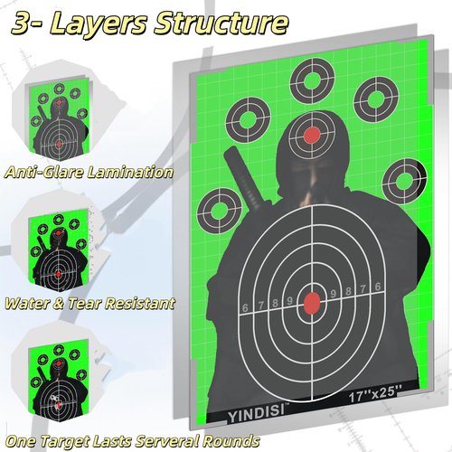 17x25 inch Fluorescent Green Opponent Silhouette Target with White Grid Lines, NonReflective Surface, Includes Carrying Bag, 25 Sheets, Ideal for Handguns, Rifles, Airguns, BB Guns