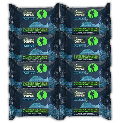 Combat Wipes ACTIVE Outdoor Wet Wipes - Extra Thick Camping Gear, Biodegradable, Body & Hand Cleansing/Refreshing Cloths for Backpacking & Gym w/Natural Aloe & Vitamin E (25 Wipes)
