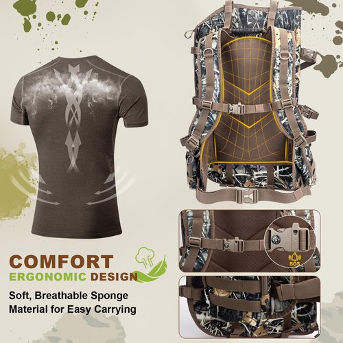 FunVZU Hunting Backpacks for Men, Saddle Hunting Bag with Bow Holder, Large Compound Bow Hunting Backpack & Duffle Bags, Deer Hunting Backpack with Rifle Holder (Marsh Reed)