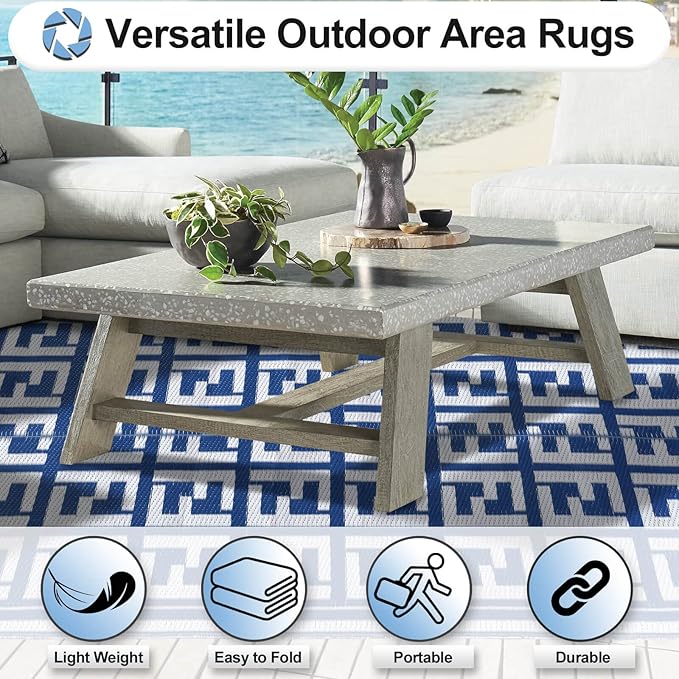 OutdoorLines Outdoor Plastic Area Rugs for Patio 4x6 ft - Reversible Outside Carpet, Stain & UV Resistant RV Mats, Straw Rug for Camping, Deck Garden, Porch and Balcony, Geometry Navy & Light Grey