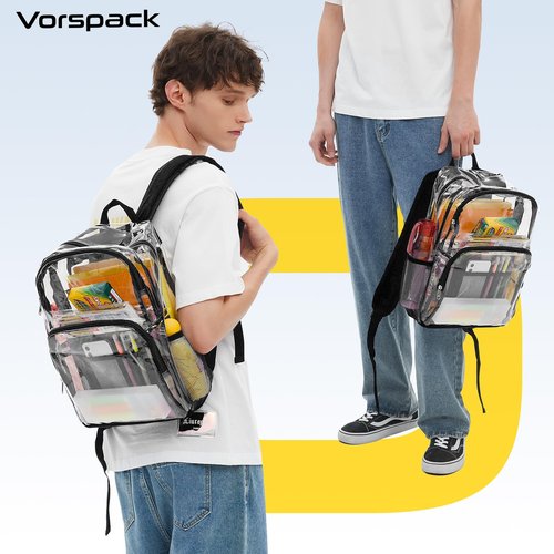 Vorspack Clear Backpack Heavy Duty - Large Clear Bookbag Transparent See Through Backpack Plastic Backpacks for College Work Travel - Black