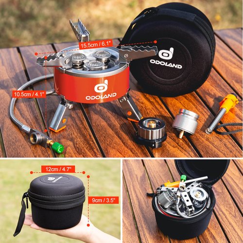 Odoland Bundle - 2 Items 15pcs Camping Cookware Mess Kit Non-Stick Lightweight Pot Pan Kettle Set and 5000W Portable Camping Stove