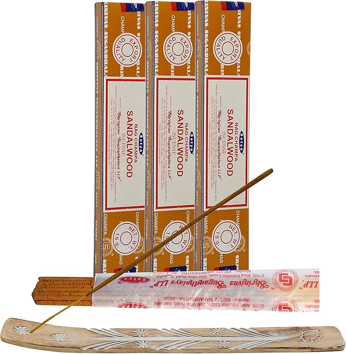 Satya Sandalwood Incense Sticks, Satya sai Baba Insenses 15gmx3 (45 gm) Pack with Raajsee Incense Holder Bundle, Satya Nag Champa Natural Incense
