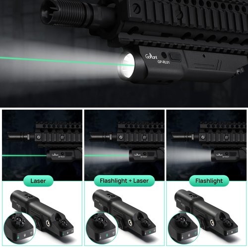 2500 Lumen Aluminum Alloy Rifle Laser Light Combo, 2.5 Hours Long Runtime AR15 Weapon Light and Green Laser, Picatinny Rail MLOK Mounted LED Tactical Flashlight, Low Profile Flashlight AR Rifle R15