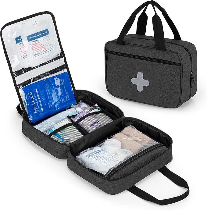 CURMIO Small First Aid Bag, Empty Emergency Trauma Kit Organizer Bag for Hiking, Camping, Car, Travel, Home and Outdoor, Black, BAG ONLY, Patent Pending
