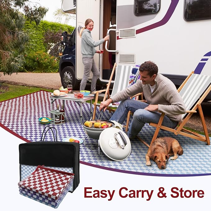 Wonnitar 8x10 Waterproof Outdoor Rug - Blue Purple Ombre Checkered Patio Rugs, Lightweight Reversible Mat for Deck Porch RV Picnic, Large Camping Carpet with Colorful Grid Design