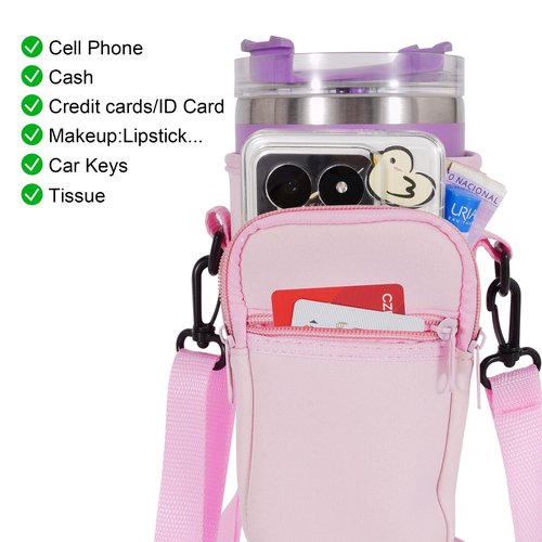 SOGIME Tumbler Holder with Strap for Stanley Cup 40oz,Machine Washable Cup Carrier Bag & Case with Phone Pocket Fit Most 40oz Tumbler with Handle,Pink