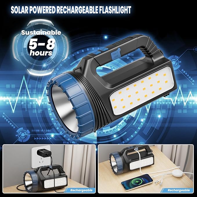 Solar Flashlights, Solar Flashlight for Multi Function 8000 Lumens Led Flashlight with Emergency Strobe Light Emergencies, Led High Lumens, USB C and Large Capacity Battery （2pcs）