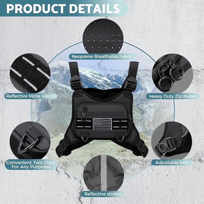 Sports Chest Bag For Men, Water Resistant Lightweight Front Running Vest Bag With Built-In Phone Holder & Extra Storage For Workouts, Cycling (Black)