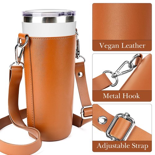 Linkidea Vegan Leather Tumbler Carrier Bag Compatible with Iron Flask Classic Tumbler 24oz, Simple Modern Classic Collection Tumbler 20oz/24oz, Water Bottles Sling Holder with Strap, Brown