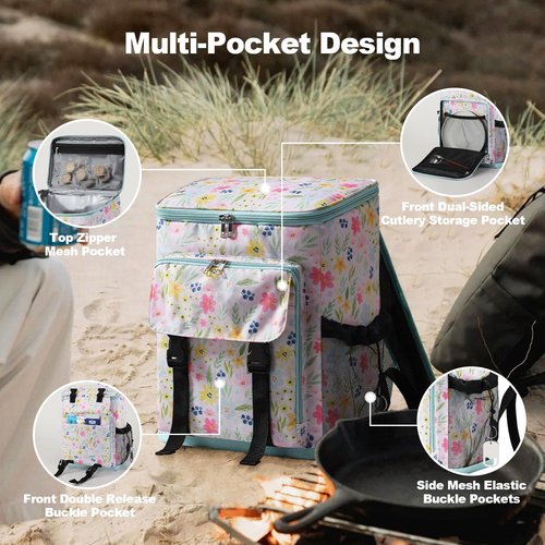 DYSHAYEN Cooler Backpack,Lightweight Backpack Cooler Insulated Leak Proof,30 Cans Soft Cooler Bag for Beach,Camping,Beach,Picnic,Lunch（Flower）