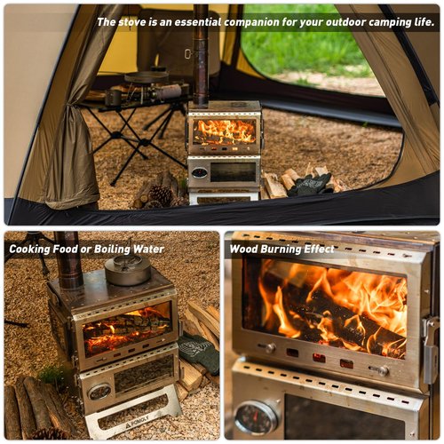 POMOLY Camping Tent Stove Oven Wood Stove, Baker Stainless Steel Wood Burning Stove for Hiking, Cooking, Heating (with Oven)