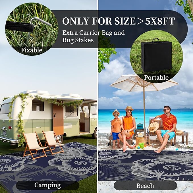 MontVoo Outdoor Rug 8x10 Waterproof Patio Rug-Outdoor Carpet Mat Reversible Plastic Straw Outside Outdoor Rug for RV Camping Picnic Beach Balcony Backyard Pool Deck Farmhouse Floral Navy Blue