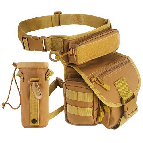 KOZEVARNY Leg Bag for Men Women Motorcycle Leg Bags Outdoor Waterproof Tactical Fanny Pack Travel Thigh Bag for Hiking Climbing Cycling Fishing Riding with Water Bottle Pouch (Khaki)