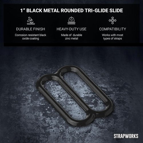 Black Metal Rounded Tri-Glide Slides For Bag Straps,Rifle Slings,Dog Collars- 1 Inch, 1.5 Inch or 2 Inch- 10 Pack