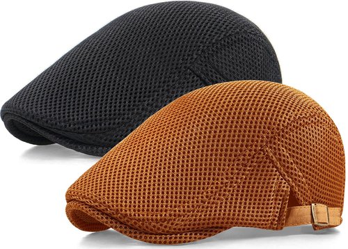 Taidor 2 Pack Men's Mesh Cap Breathable Summer Newsboy Hat Adjustable Beret Ivy Cap Irish Cabbie Driving Hunting Hats Black/Caramel