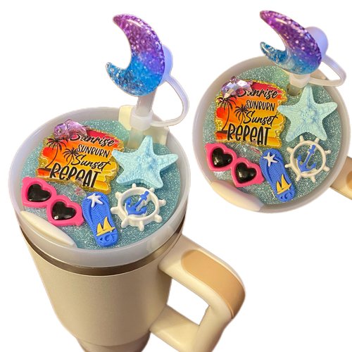 Cute Coastal Beach Vacation Charm for Stanley Cup Accessories 40 Oz Tumbler with Silicone Straw Cover Cap and Lid Plate