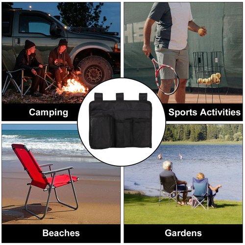 Beach Chair Cup Holder Attachment, Black Nylon Beach Chair Drink Bracket 4 Pockets Hanging Cup Holder Stand Adjustable Strap Phone Holder for Patio Lounger, Foldable Camping & Office Chair