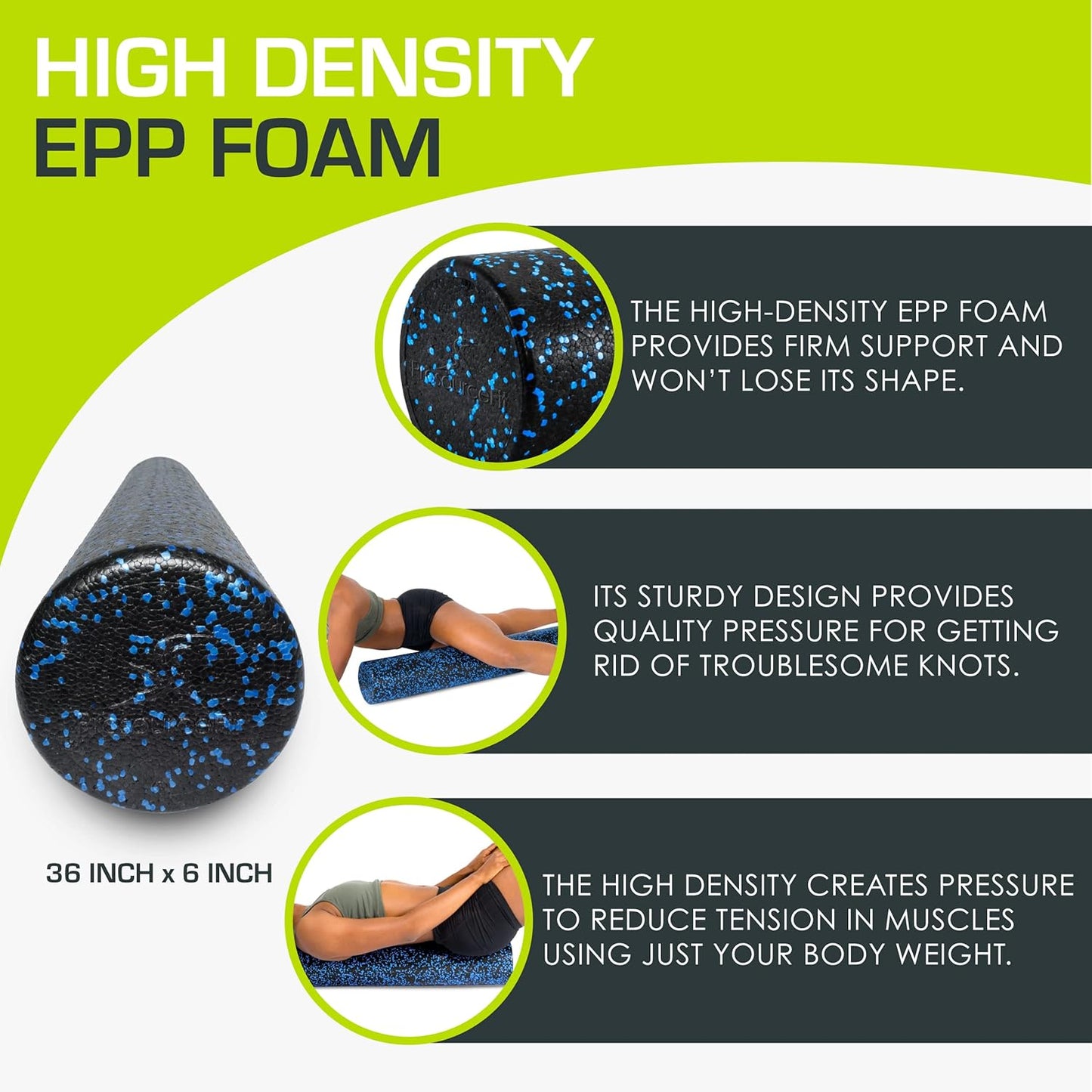 ProsourceFit High Density Foam Rollers 36 - inches Long, Firm Full Body Athletic Massage Tool for Back Stretching, Yoga, Pilates, Post Workout Muscle Recuperation, Black