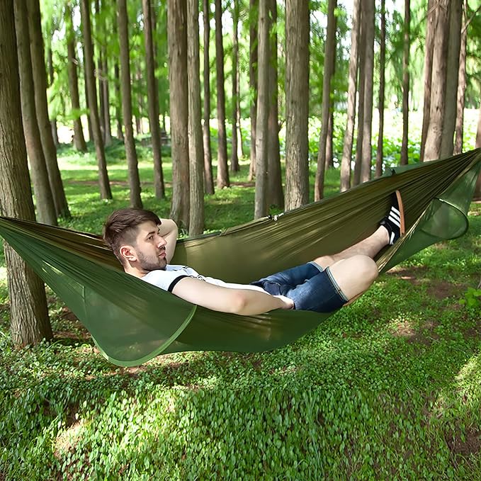 LFL Camping Hammock with Mosquito Net, Hammocks with 13ft Tree Straps Carabiners, Automatic Quick Open Outdoor Portable Hammock, Nylon Parachute Material Outside Hiking Gear (Green)