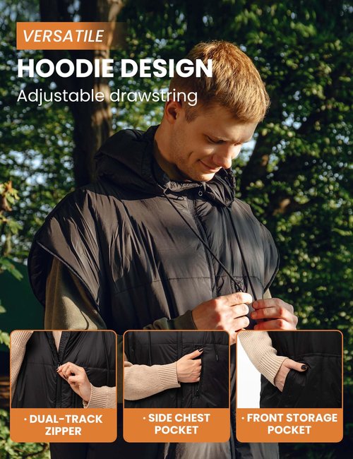 Relexit Adult Wearable Sleeping Bag with Hoodie, Sleeveless Design Adjustable Drawstring Waterproof Wearable Sleeping Bag Ideal for Camping, Cold Weather Black