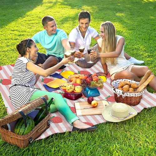 Eativisa Strawberry Strip Lightweight Beach Blanket Waterproof Sandproof 59"X68" Sand Free Beach Mat with 4 Stakes Compact Outdoor Blanket for Beach Quick Drying Picnic Mat for Travel Camping