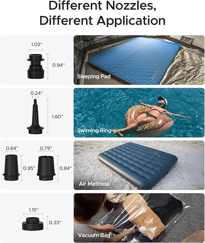 ACACIA Portable Air Pump for ACACIA Sleeping Pad, Rechargeable 4000mAh Battery Air Mattress Pump with Camping Light, Electric Air Pump for Inflatables with 5 Nozzles, Camping, Hiking, Pool, 4.8kPa