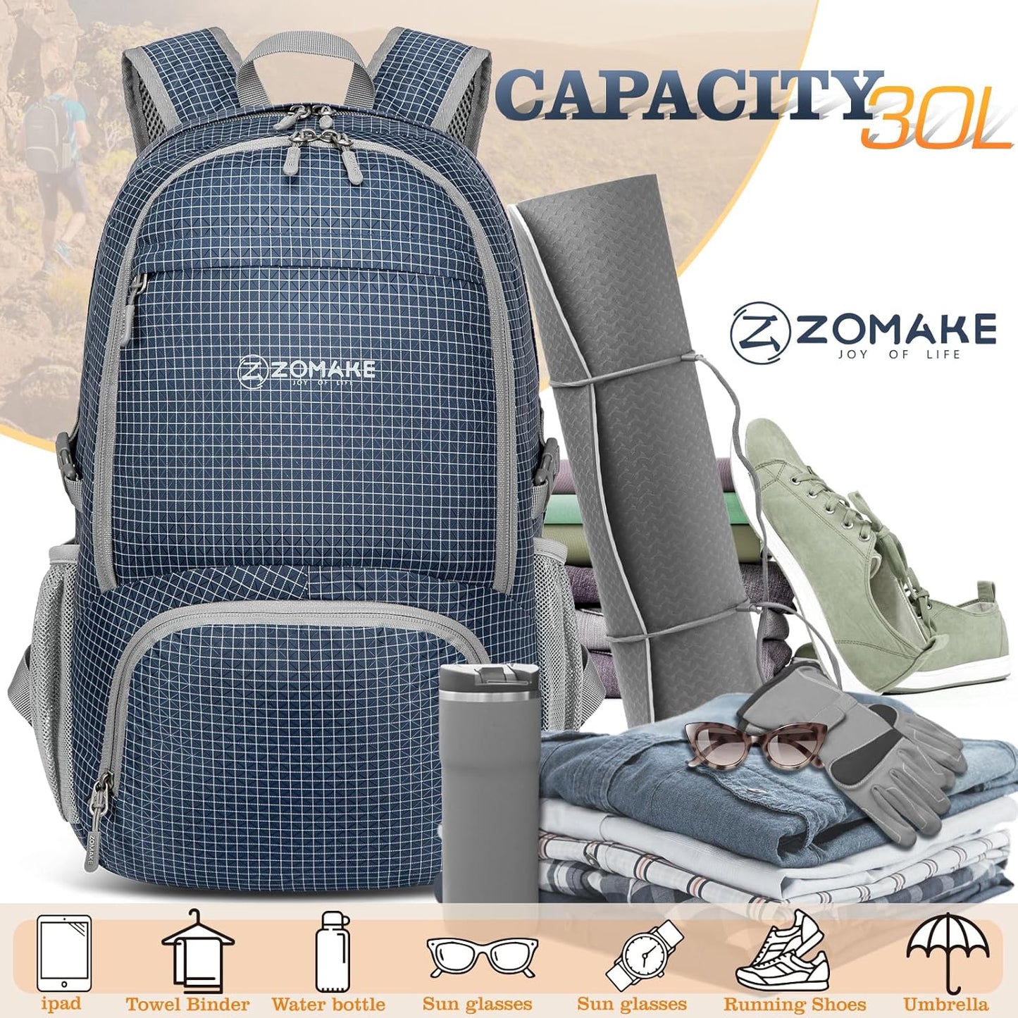 ZOMAKE Lightweight Packable Backpack 30L, Foldable Hiking Backpacks Water Resistant Compact Folding Daypack for Travel(Black)