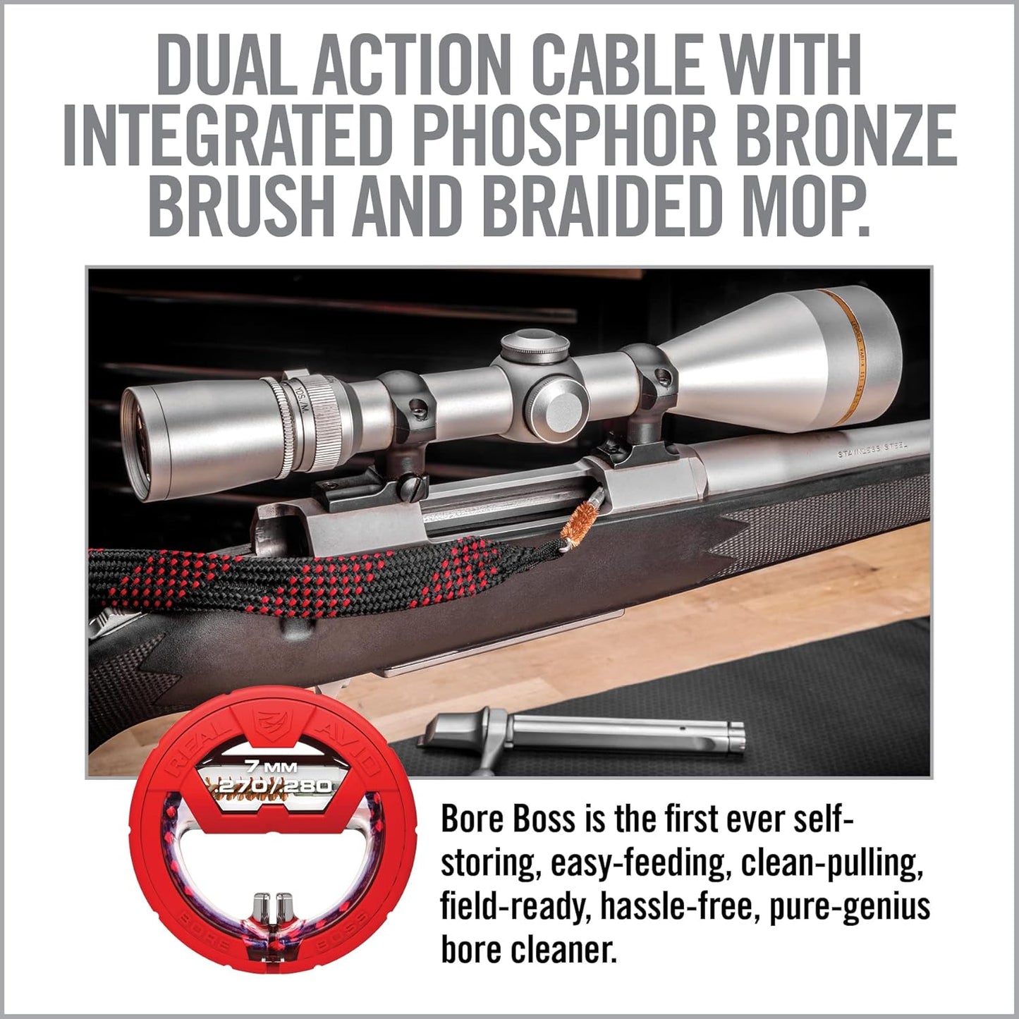 Real Avid Bore Boss Gun Cleaning System - Rapid Pull Through Barrel & Bore Cleaning Cable with Integrated Brush & Mop - Choose Style Below