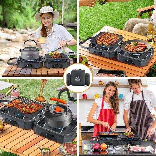 Nice C Camping Stove, Portable Camping Stove Propane, 2 Burner Propane Stove with Grill, Camp Stove, 16,000 BTU Camp Stove with 2 Burner, Grill & Carry Bag for Camping