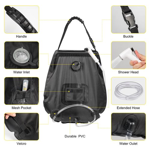 Portable Camping Bathroom Shower Tent Kit, Outdoor Pop Up Privacy Changing Tent with 5 Gallon Shower Bag-(Nozzle Upgraded)(Black)