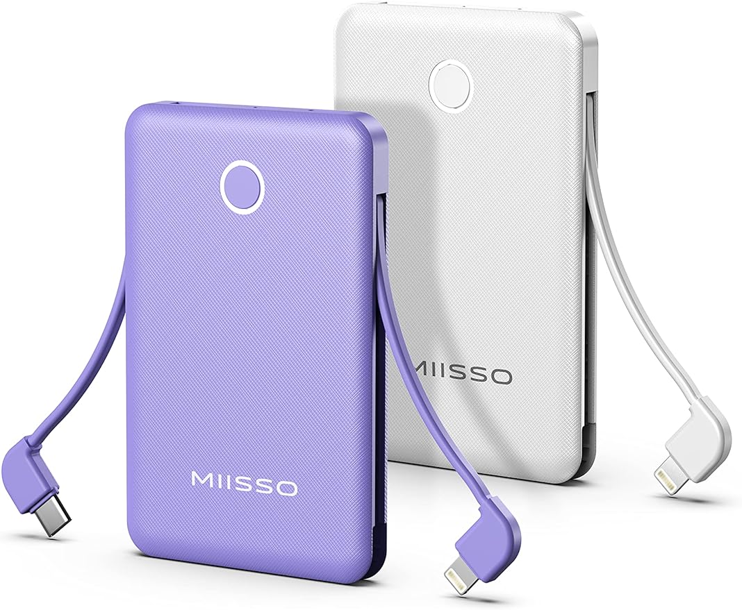 2-Pack 6000mah Ultra Slim Built in Cables Power Bank, Card Size Built in USB C Cords Battery Pack Portable Charger for Phones, 3 Output External Battery Pack Compatible with iPhone, White & Purple