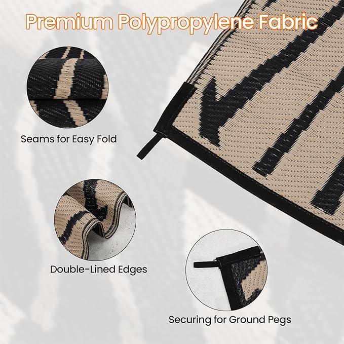 Outdoor Rug for Patio, 6x9 Ft Reversible Outdoor Plastic Straw Rug Waterproof Foldable Camping Mat with Uv Protection, Quick-Dry Straw Patio Carpet for Deck Rv Porch Backyard - Black & Brown
