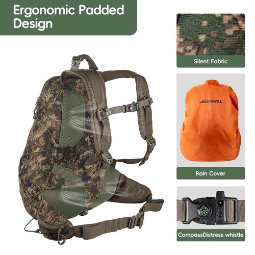 BLISSWILL Hunting Backpack with hunting seat,Lightweight Hiking Daypack,Hunting Accessories ，Camping Camouflage Bag with Rain Cover – Perfect for Hunts and Outdoor Adventures(AllSeasons Camo)