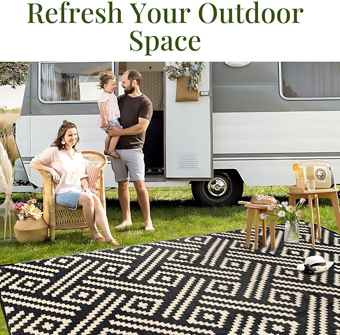OPPODREAM Outdoor Rug 5x8 Ft, Waterproof Outdoor Plastic Straw Rug for Patio, Reversible Out Door Carpet for Camping, Deck, Rv, 5 x 8 Area Carpet for Balcony, Porch, Backyard, Black and Beige