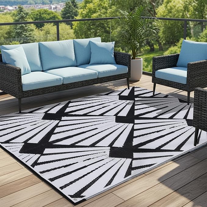 Outdoor Rug for Patio, 6x9 Ft Reversible Outdoor Plastic Straw Rug Waterproof Foldable Camping Mat with Uv Protection, Quick-Dry Straw Patio Carpet for Deck Rv Porch Backyard - Black & White
