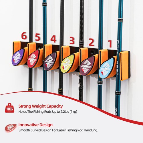 Wall Mounted Fishing Rod Holder for Garage, Horizontal & Vertical Fishing Rod Rack, Fishing Pole Storage with Soft EVA Protective Pad, Holds Up to 6 Rods or Combos, Fits Most Fishing Poles（1 Pack）