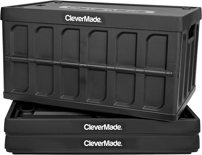 CleverMade Collapsible Storage Bins with Lids - Obsidian 3 Pack 46L- Plastic Containers Stackable Organization Crates Home Closet Space-Saving Durable