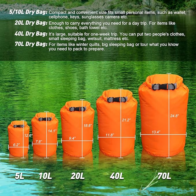 R2Depot Waterproof Dry Bag, 5L/10L/20L/40L/70L Dry Storage Bag for Kayaking, Gym, Hiking, Swimming (Green, 5L)