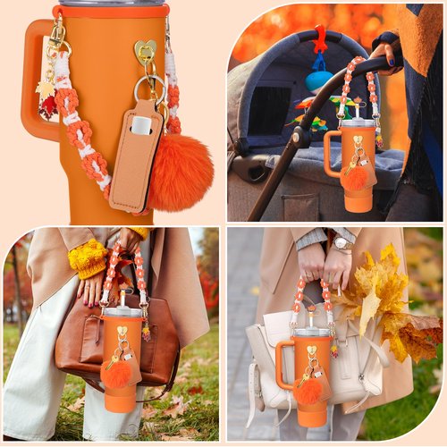 Mity rain 8PCS Cup Accessories for Stanley Cup 30oz 40oz Tumbler with Handle, Including Water Bottle Handle Strap, Chapstick Holder, Boot, Keychain Charms, Straw Topper Cover Cap for Stanley (Orange)