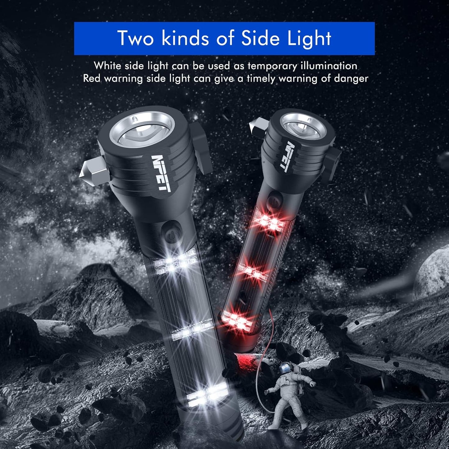NPET T10 Car Flashlight 500 Lumens LED COB Light Solar Powered USB Rechargeable Tactical Multi-Function Torch Tool with 120dB Siren Window Breaker Seat Belt Cutter Compass for Camping