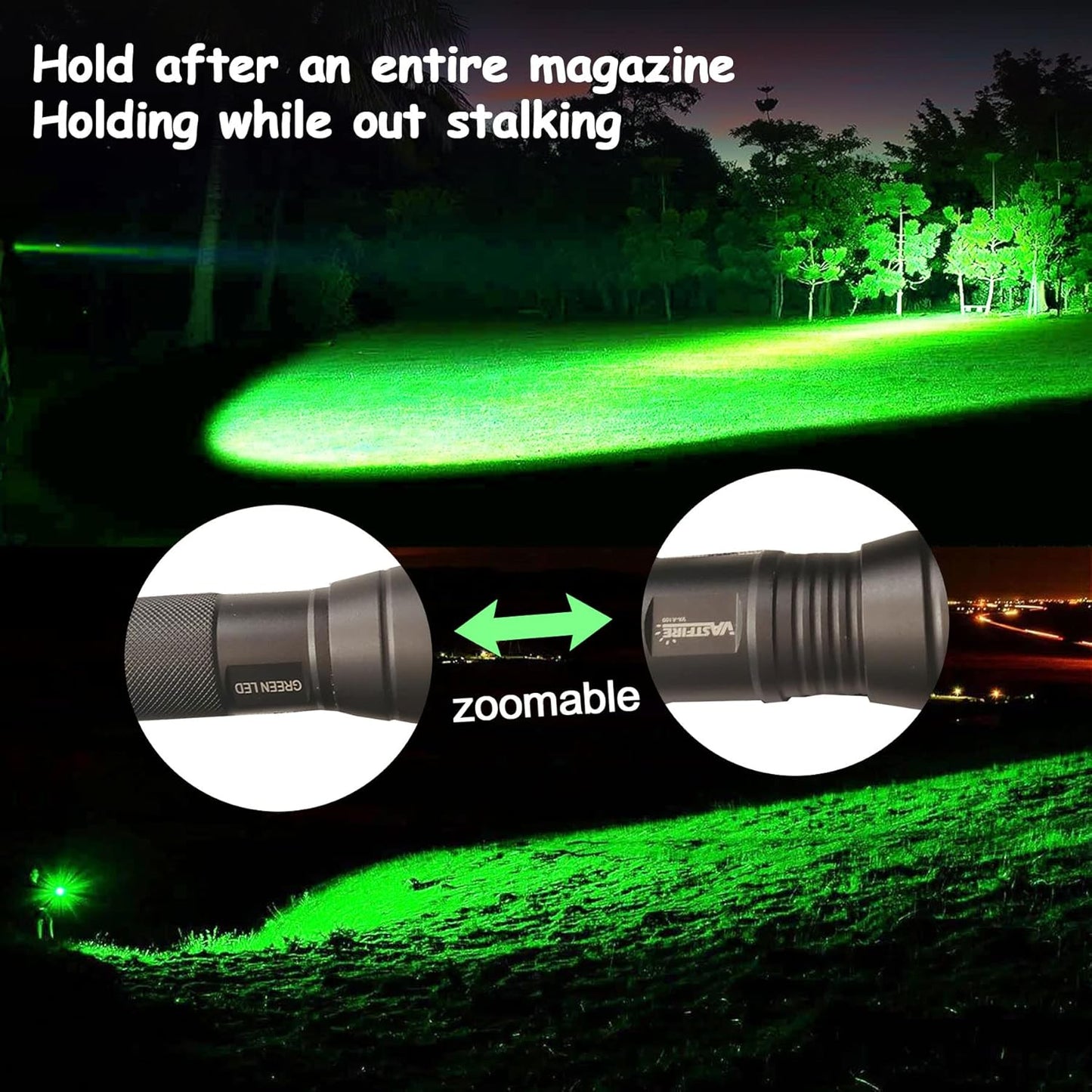 VASTFIRE 350 Yard Green Hunting Light Zoomable Flashlight Hog Predator Lights with Pressure Switch Picatinny Rail Mount 1 Inch to 30mm Scope Mount Gift Carrying Case