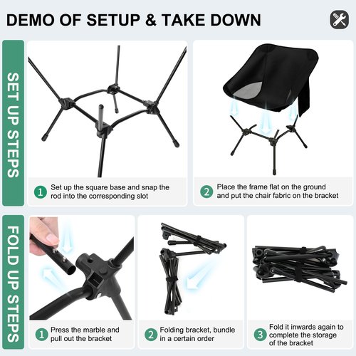 Lightweight Camping Chairs with Adjustable Height, Portable Camping Chairs for Adults with Carry Bag and Side Pockets, Folding Chairs for Outside for Camping, Beach, Fishing, Trip, Picnic (Black)