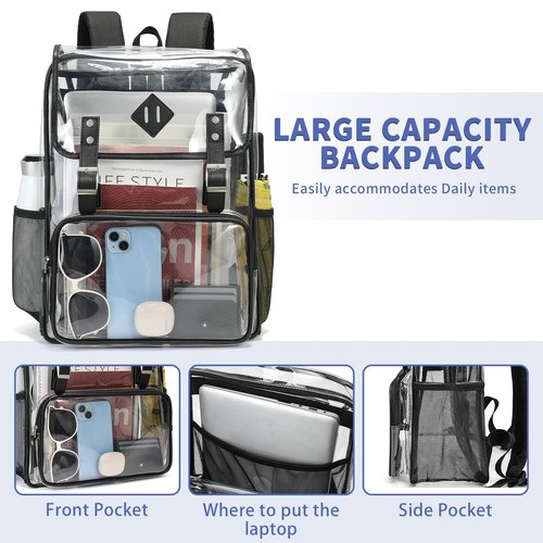 NEOREAL Clear Backpack Large Capacity Heavy Duty Transparent PVC Backpack with Leather Trim for Women College Work Travel